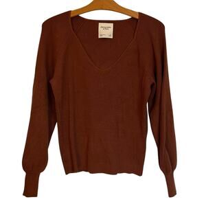 Abercrombie & Fitch Ribbed Knit V-Neck Sweater Chocolate Brown Puff Sleeve Small